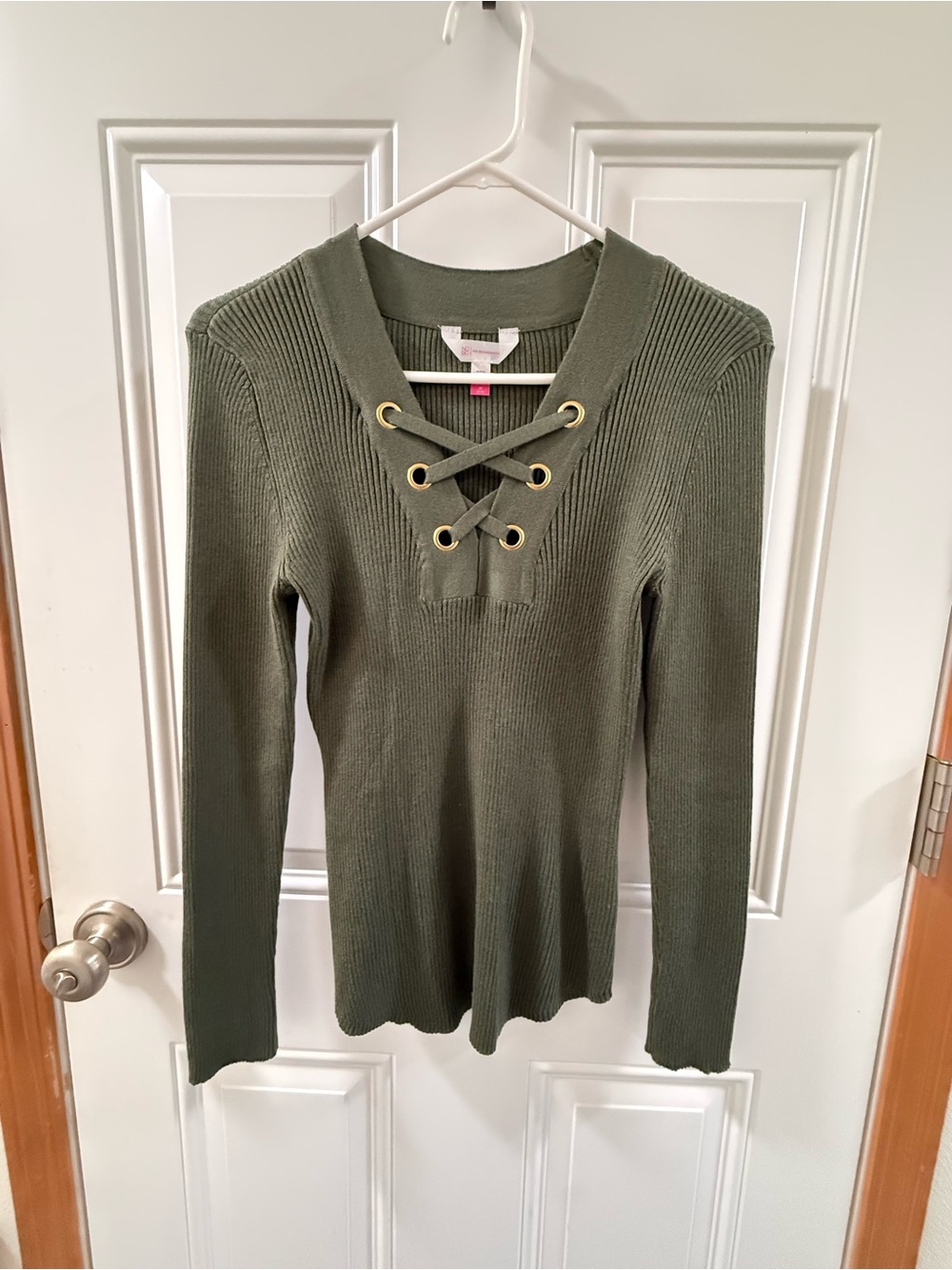 Ribbed & Fitter Lace-Up V-Neck Long Sleeve Top - Olive Y2K